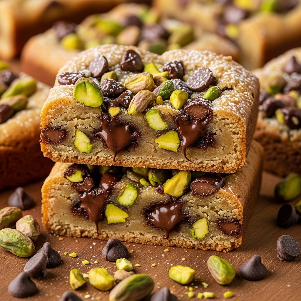 Close-up of decadent brown butter Dubai pistachio chocolate chip cookie bars on a cooling rack, sprinkled with sea salt, highlighting the gooey chocolate and green pistachios.
