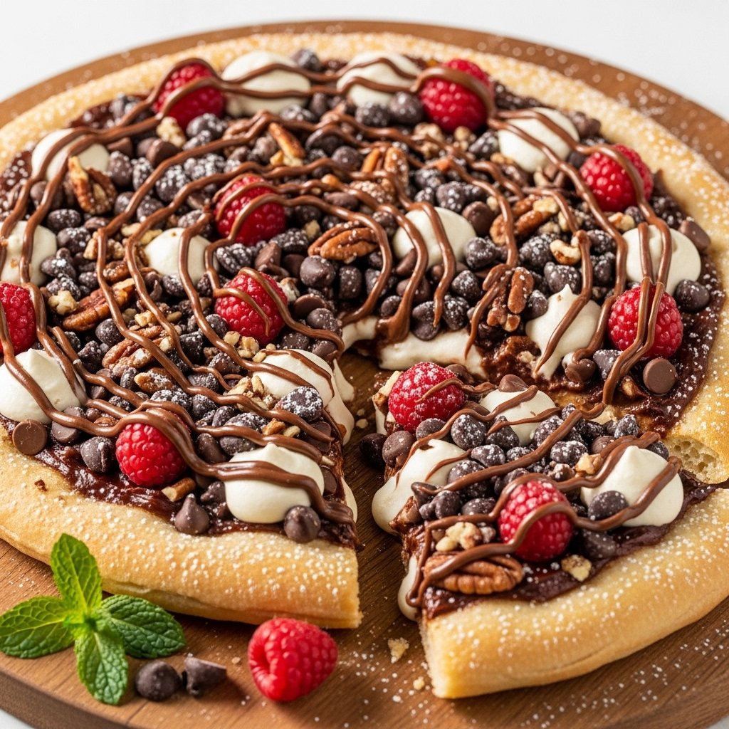 Decadent Chocolate Chip Dessert Pizza – Best Easy Sweet Treat Recipe! 2 A slice of decadent chocolate chip dessert pizza with frosting drizzle and sprinkles on a white plate