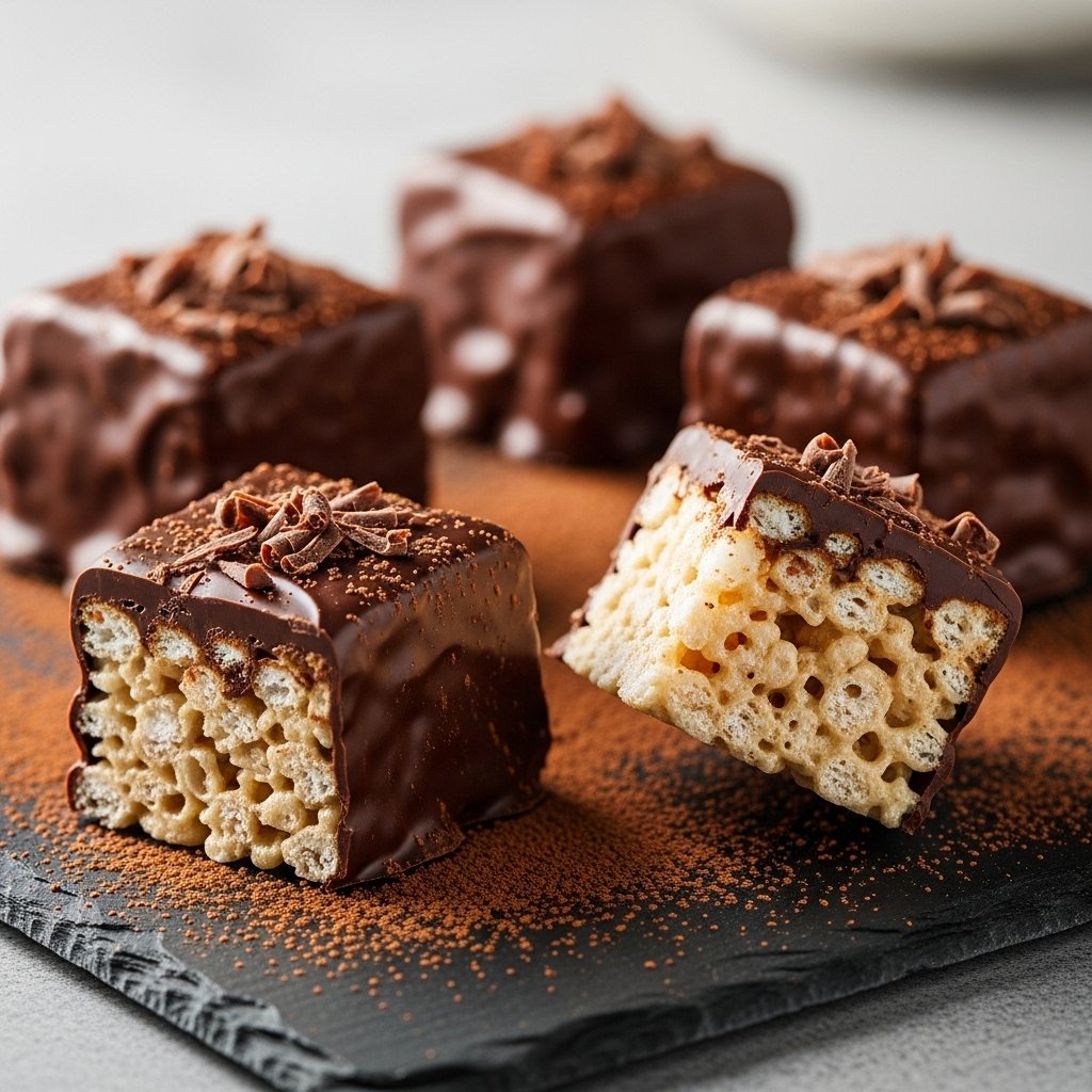 Decadent Chocolate Rice Krispie Delights: The Ultimate No-Bake Treat! 2 Decadent Chocolate Rice Krispie Delights squares topped with sprinkles, on a parchment-lined serving board.