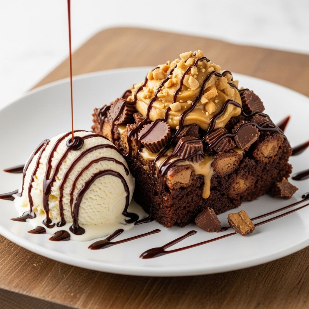 Decadent Peanut Butter Cup Dump Cake – Best Easy 4-Ingredient Dessert Recipe! 2 Decadent Peanut Butter Cup Dump Cake with a scoop removed, showcasing gooey chocolate and peanut butter layers.