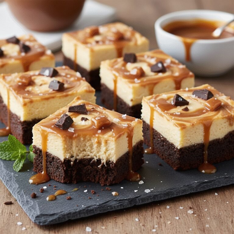 Decadent Salted Caramel Cheesecake Brownie Bars with gooey caramel on top, sliced and ready to eat