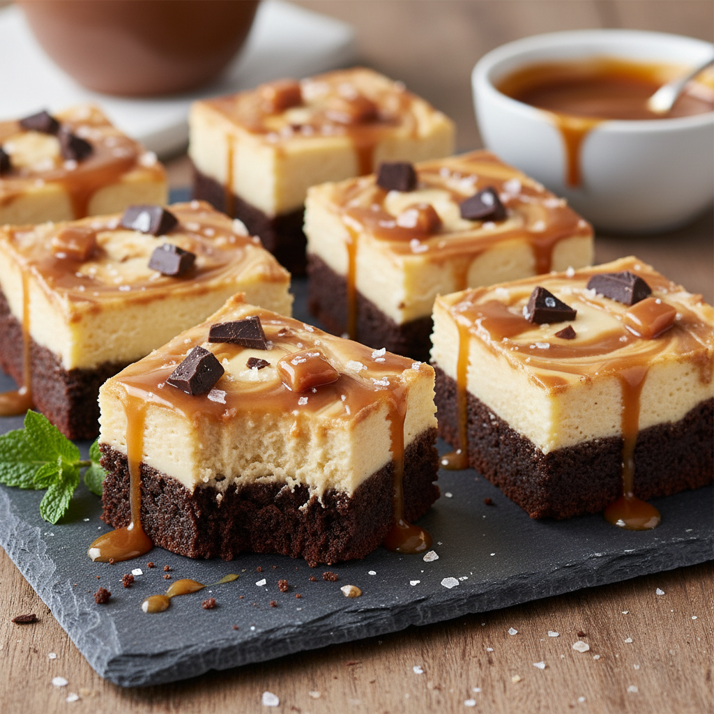 Decadent Salted Caramel Cheesecake Brownie Bars with gooey caramel on top, sliced and ready to eat