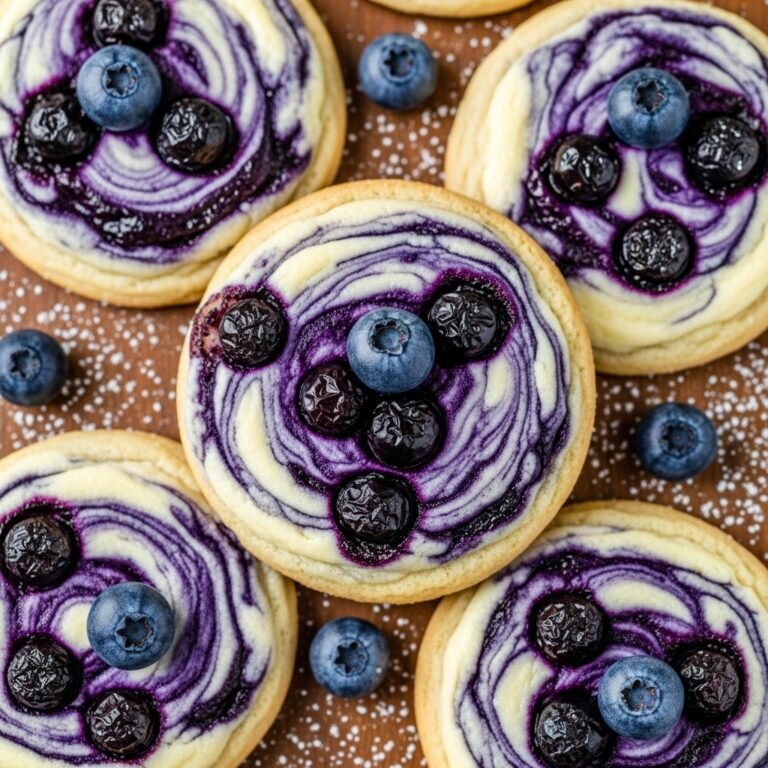 Close-up of a delicious blueberry cheesecake swirl cookie with visible swirls and blueberries.