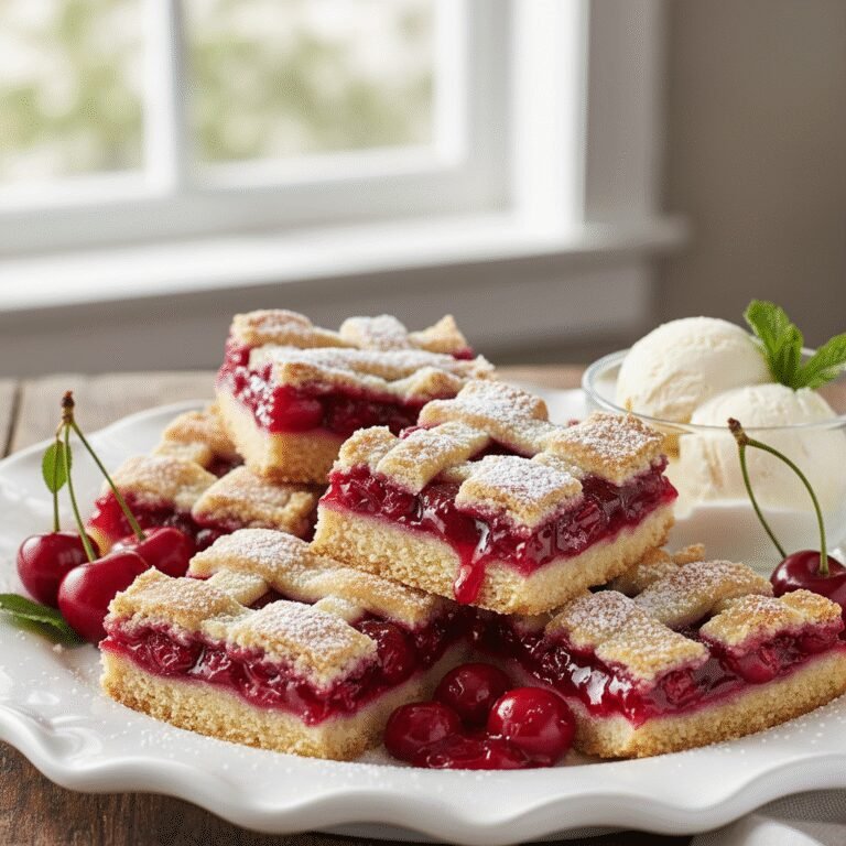 Delicious cherry pie bars with a golden crumb topping, showcasing vibrant red cherry filling, perfect for an easy sweet dessert.