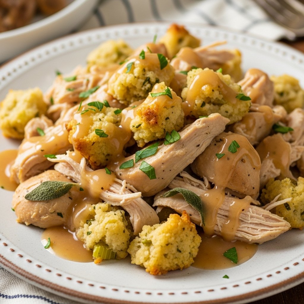 Easy 4-Ingredient Slow Cooker Chicken with Stuffing: The Ultimate Dump-and-Go Dinner! 2 A close-up of a delicious plate of 4-ingredient slow cooker chicken with stuffing, garnished with fresh parsley.