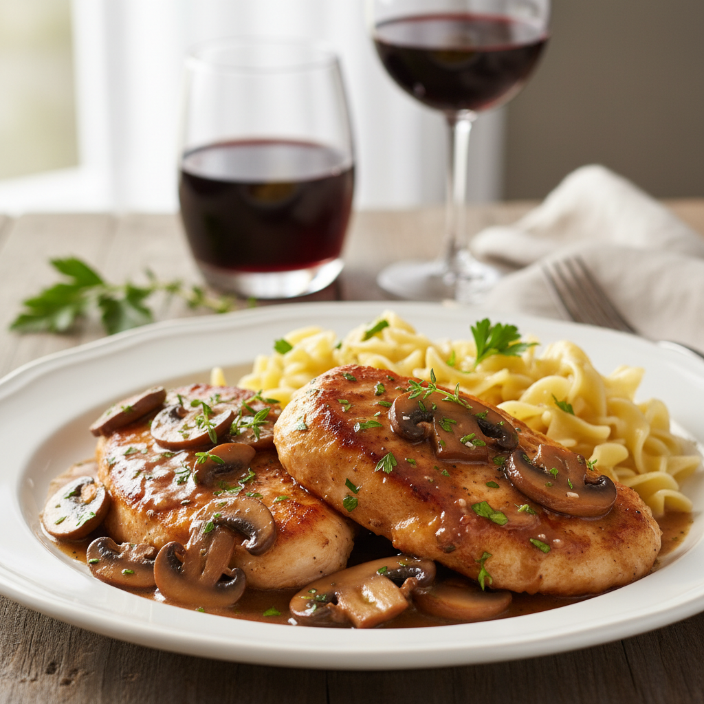 Delicious Easy Chicken Marsala with creamy mushroom sauce, served over pasta, perfect for a 30-minute weeknight dinner.