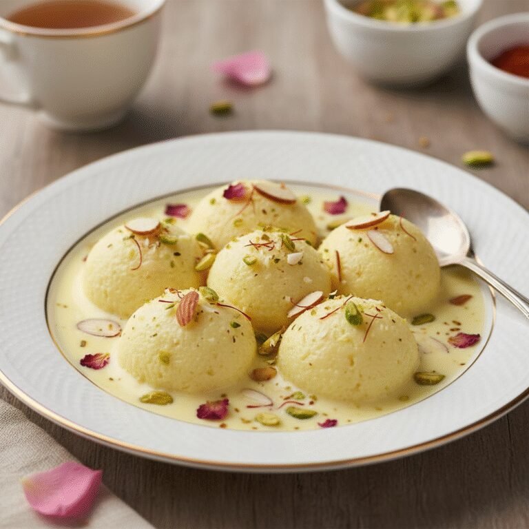 How to Prepare Rasmalai Easily: A Step-by-Step Guide to Indian Sweet Perfection 3 Homemade Rasmalai dessert with soft chenna balls soaking in creamy, saffron-infused milk, garnished with nuts.