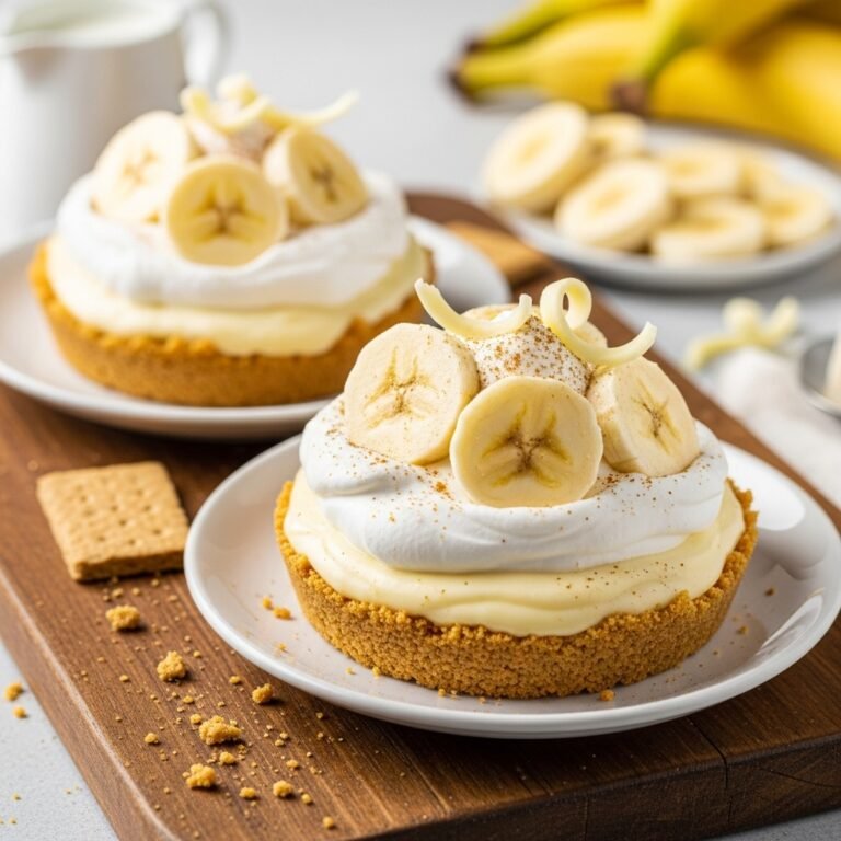 Close-up of easy no-bake mini banana cream pies topped with whipped cream and fresh banana slices, ready to eat for summer.