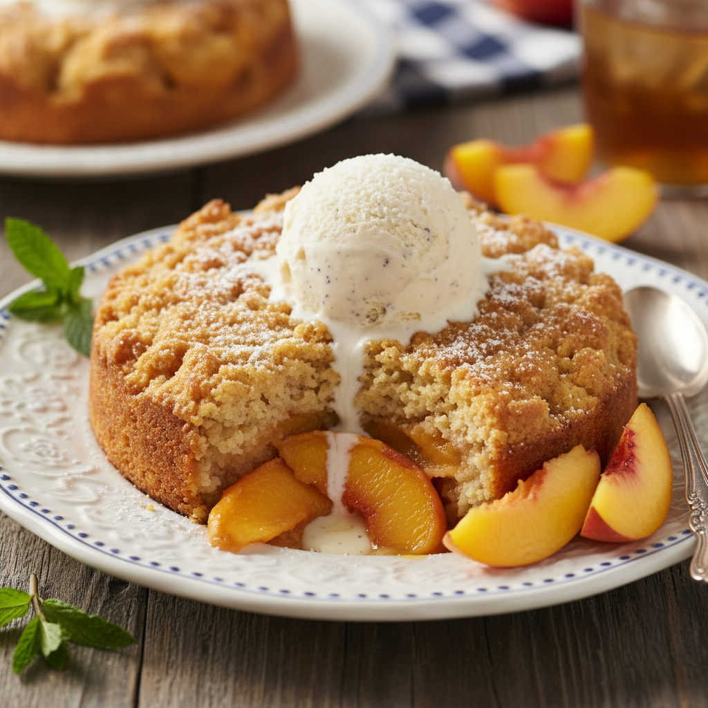 Delicious golden peach cobbler made with yellow cake mix, served warm with a scoop of vanilla ice cream.