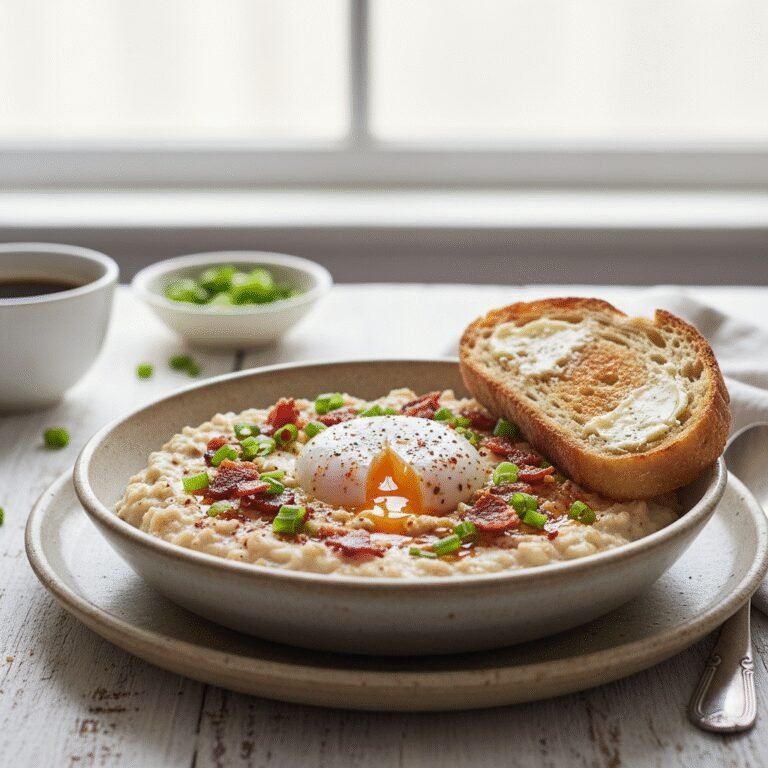 Easy Savory Oatmeal with Poached Egg: Your New Favorite Wholesome Breakfast 3 A close-up of a steaming bowl of easy savory oatmeal with a perfectly poached egg and vibrant toppings