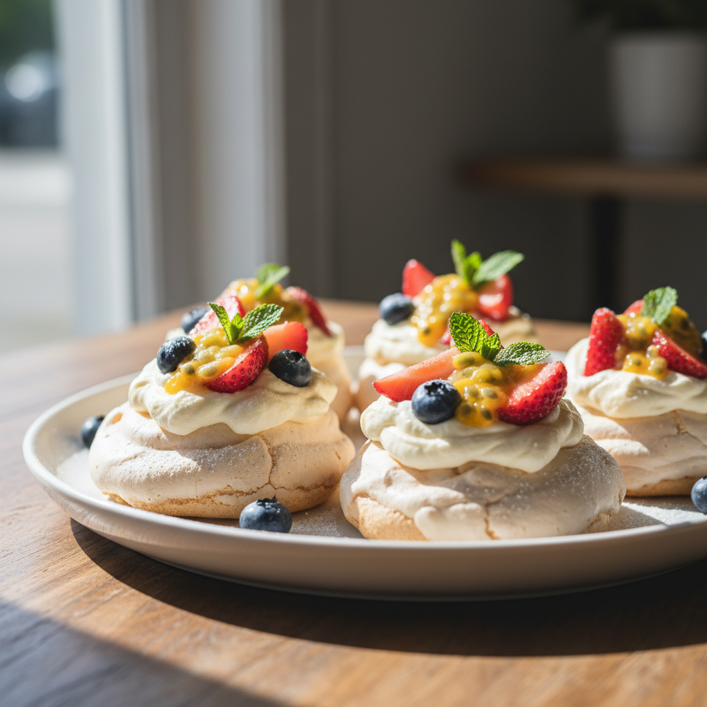 Elegant Mini Pavlovas: Your Guide to Perfect Bite-Sized Desserts 2 Close-up of elegant mini pavlovas topped with white whipped cream, fresh red strawberries, blueberries, and green mint leaves on a white platter.