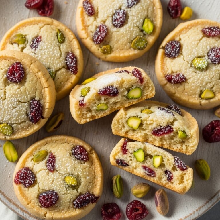 Close-up of festive cranberry pistachio shortbread cookies on a cooling rack, dusted with powdered sugar, perfect for holidays.