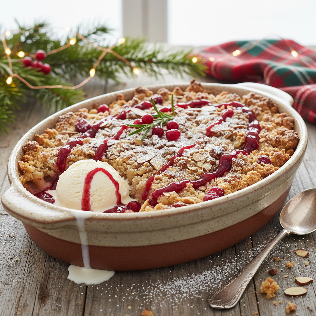 Close-up of a festive Christmas Crumble with golden oat topping and bubbling fruit