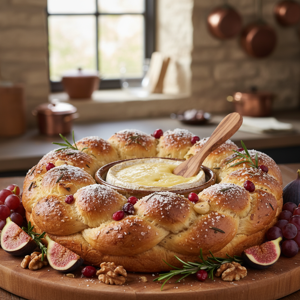 Festive Filled Brioche Centerpiece with Baked Camembert, golden brown and garnished with rosemary, served on a rustic board.