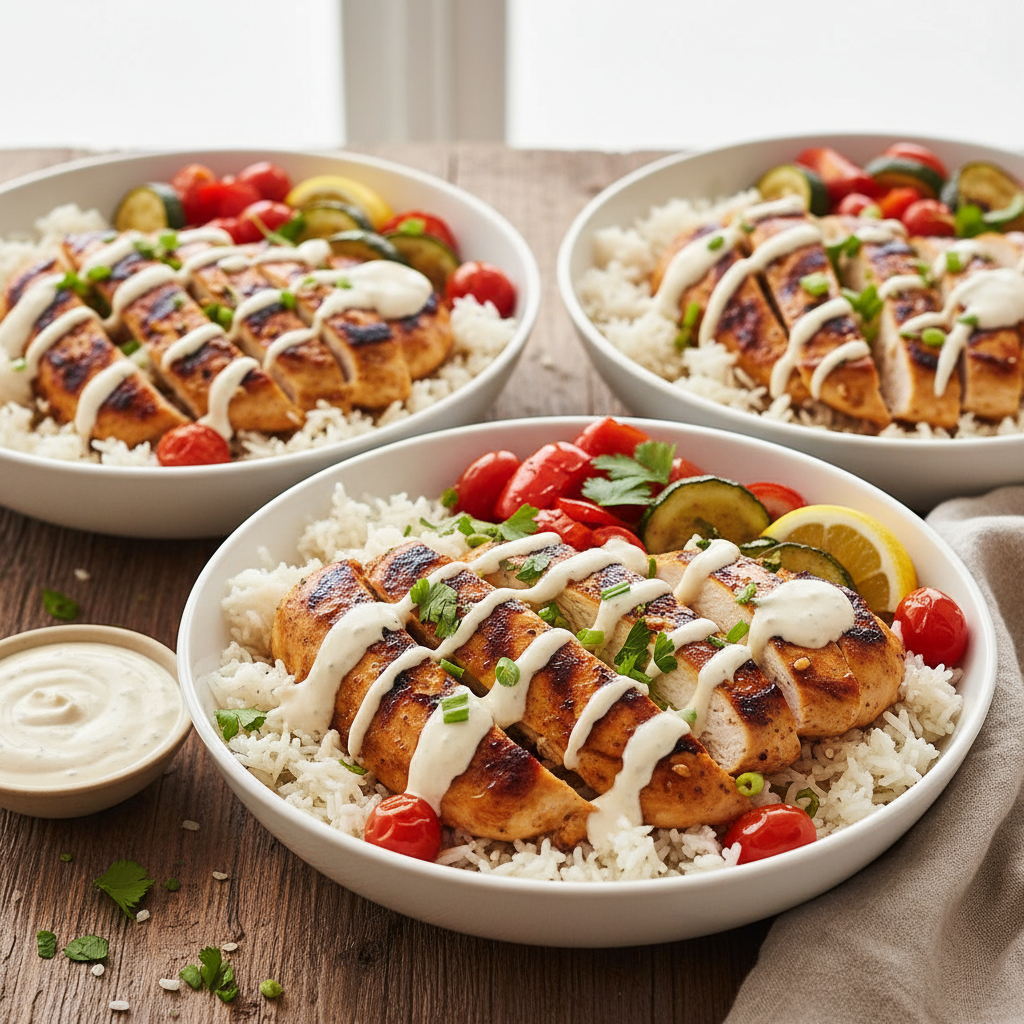 Ultimate Flavorful Chicken & Rice Bowls with Creamy Garlic Sauce Recipe 2 A vibrant bowl of Flavorful Chicken & Rice Bowls with Creamy Garlic Sauce, garnished with fresh parsley.