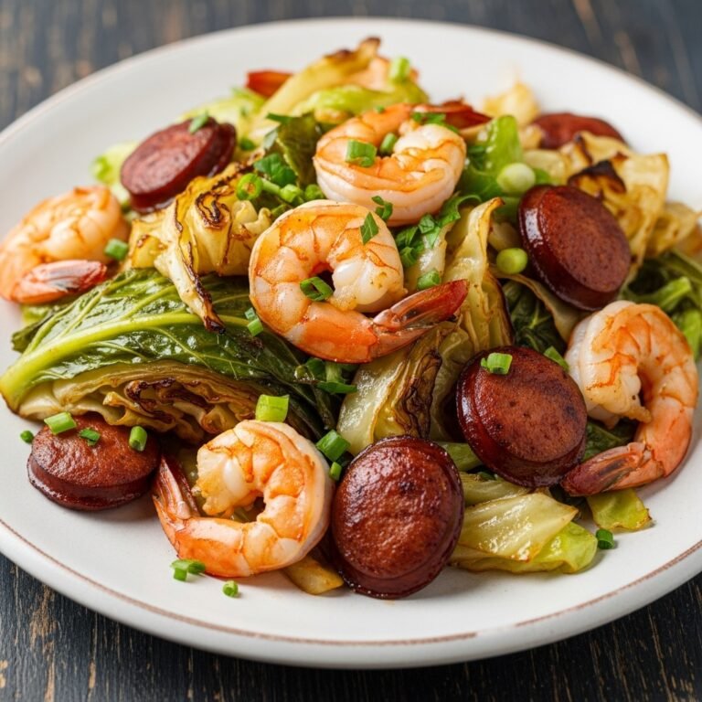 Flavorful Fried Cabbage with Shrimp & Sausage – Best Quick Southern Comfort Recipe! 3 Delicious skillet of Flavorful Fried Cabbage with Shrimp and Sausage, garnished with fresh parsley.