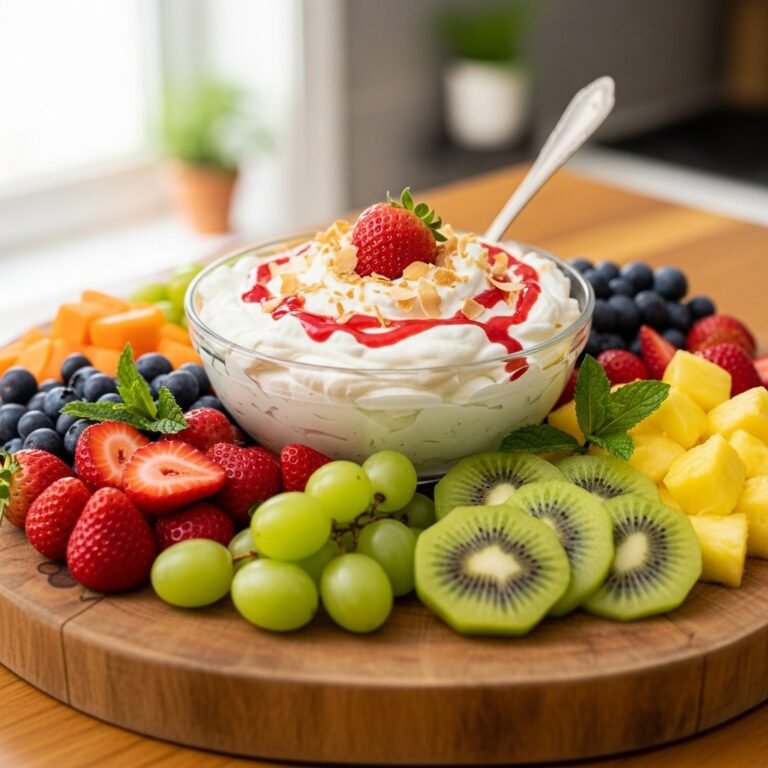 A bowl of fluffy cream cheese fruit dip surrounded by colorful fresh fruits like strawberries, grapes, and apple slices, ready for a party.