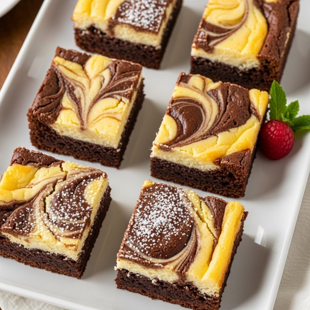 Indulgent Fudgy Brownie Cheesecake Swirl Bars: The Ultimate Decadent Dessert 2 Close-up of fudgy brownie cheesecake swirl bars with a perfect marbled pattern, ready to be served.