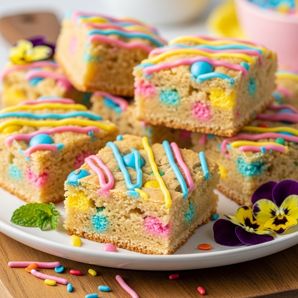 Fun & Festive Easter Cake Mix Cookie Bars – Your Easiest Holiday Treat Recipe! 2 Vibrant Easter Cake Mix Cookie Bars with pastel candies and sprinkles, perfectly baked and ready to eat, showcasing a festive holiday treat.