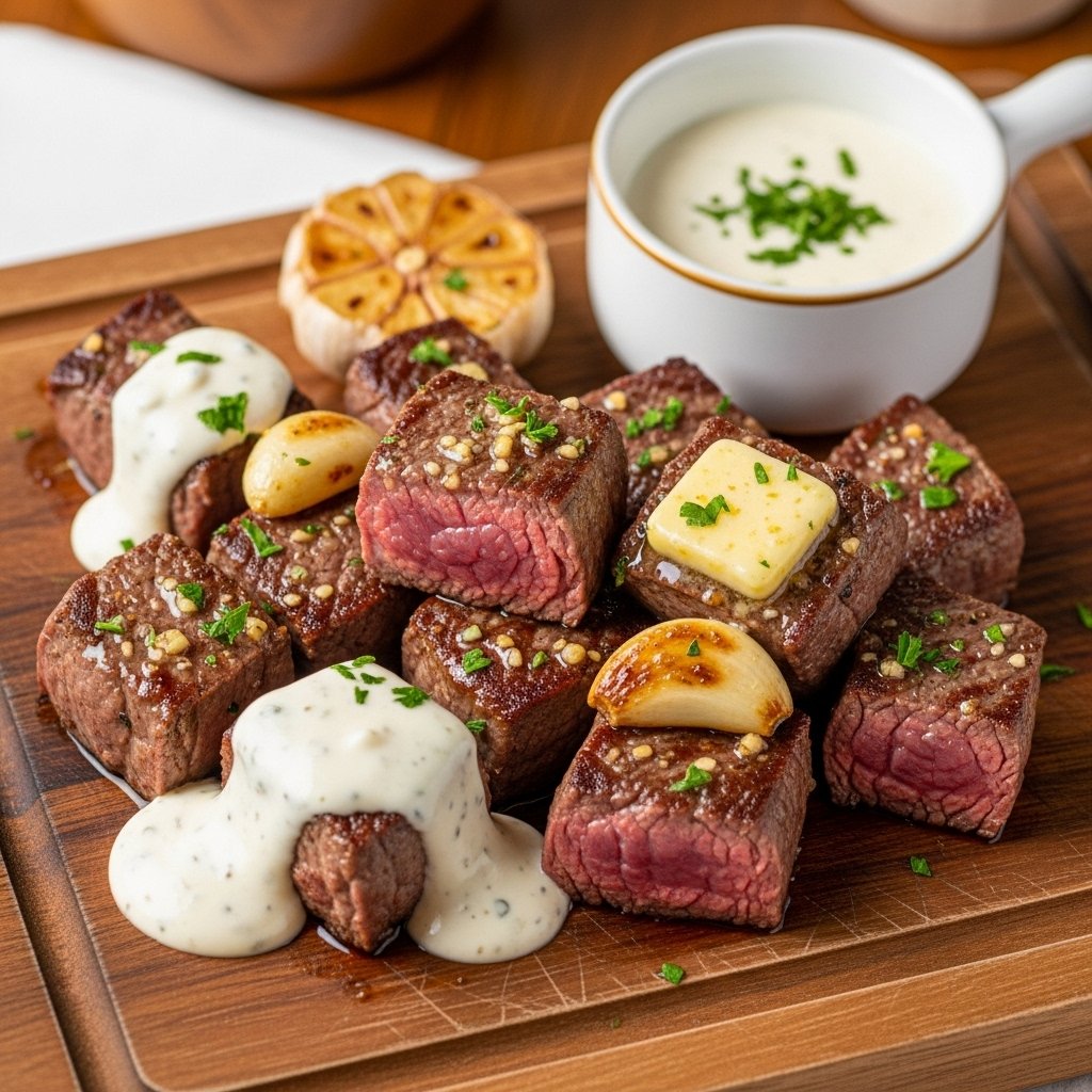 Close-up of juicy garlic butter steak bites topped with creamy sauce and fresh parsley in a skillet