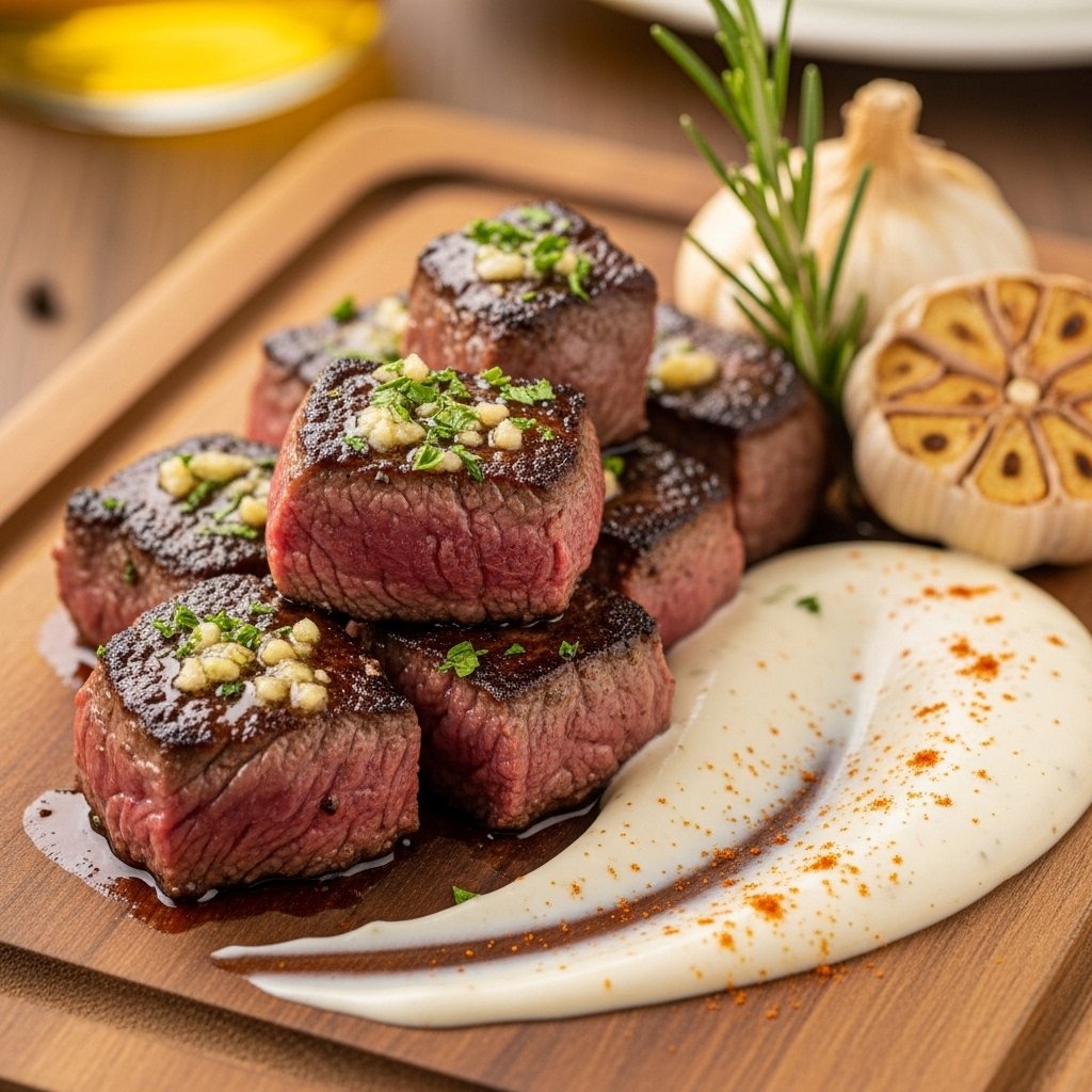 Close-up of juicy garlic butter steak bites with creamy sauce garnished with fresh parsley in a skillet.