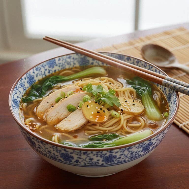 A steaming bowl of vibrant Ginger Chicken Noodle Soup garnished with fresh green onions, perfect for a cozy meal.