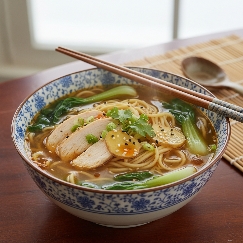 A steaming bowl of vibrant Ginger Chicken Noodle Soup garnished with fresh green onions, perfect for a cozy meal.