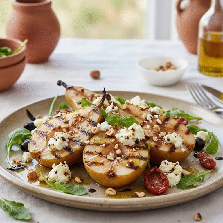 Close-up of elegant griddled pears topped with crumbled goat's cheese and a glistening hazelnut dressing, ready to be served.