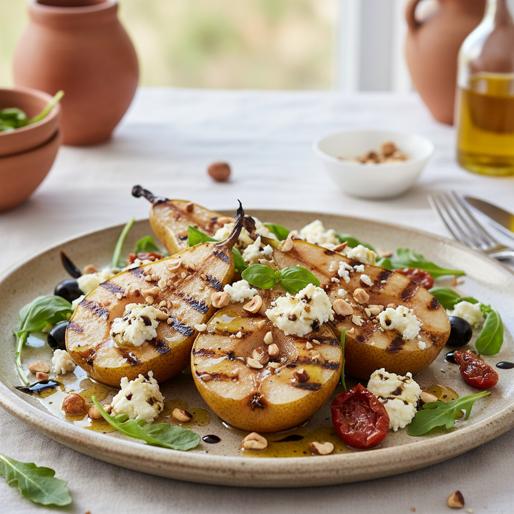 Close-up of elegant griddled pears topped with crumbled goat's cheese and a glistening hazelnut dressing, ready to be served.