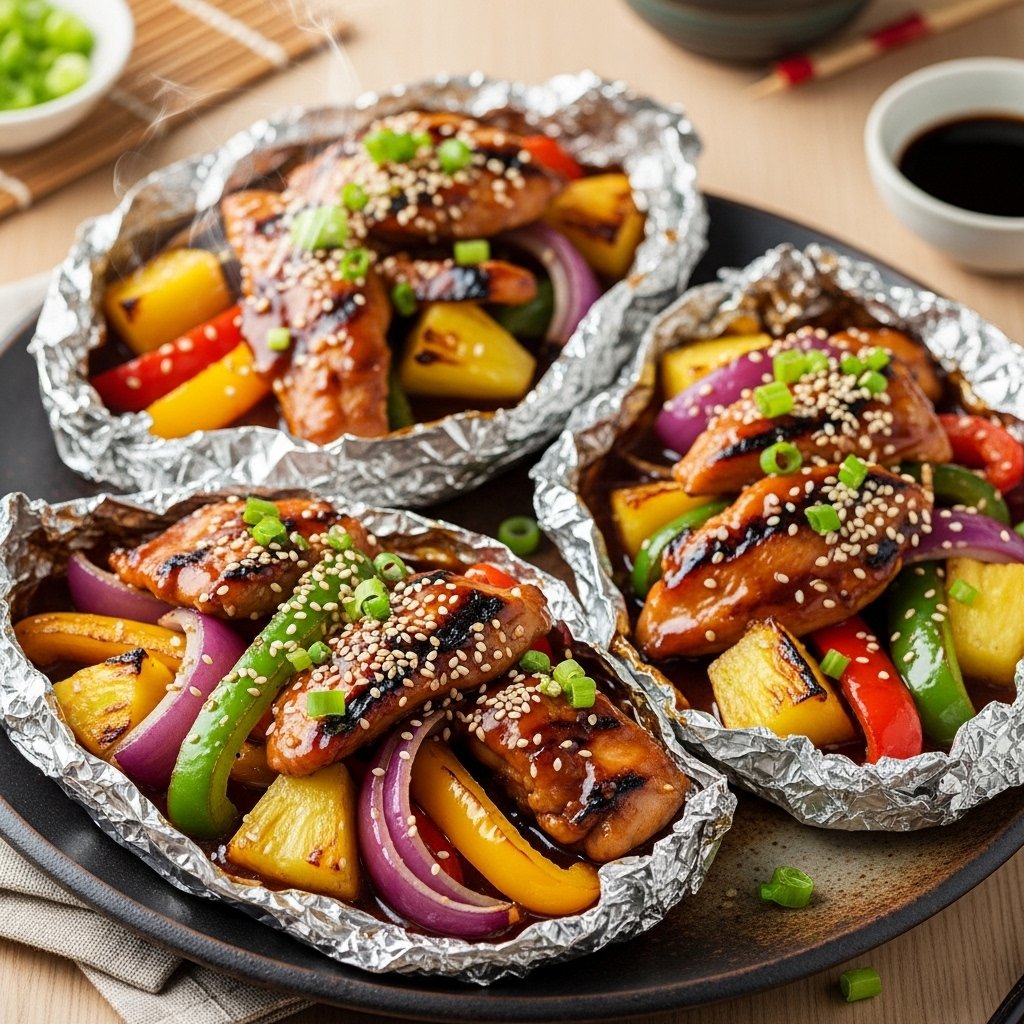 Grilled Teriyaki Chicken and Pineapple Foil Packets with bell peppers and onions, garnished with sesame seeds