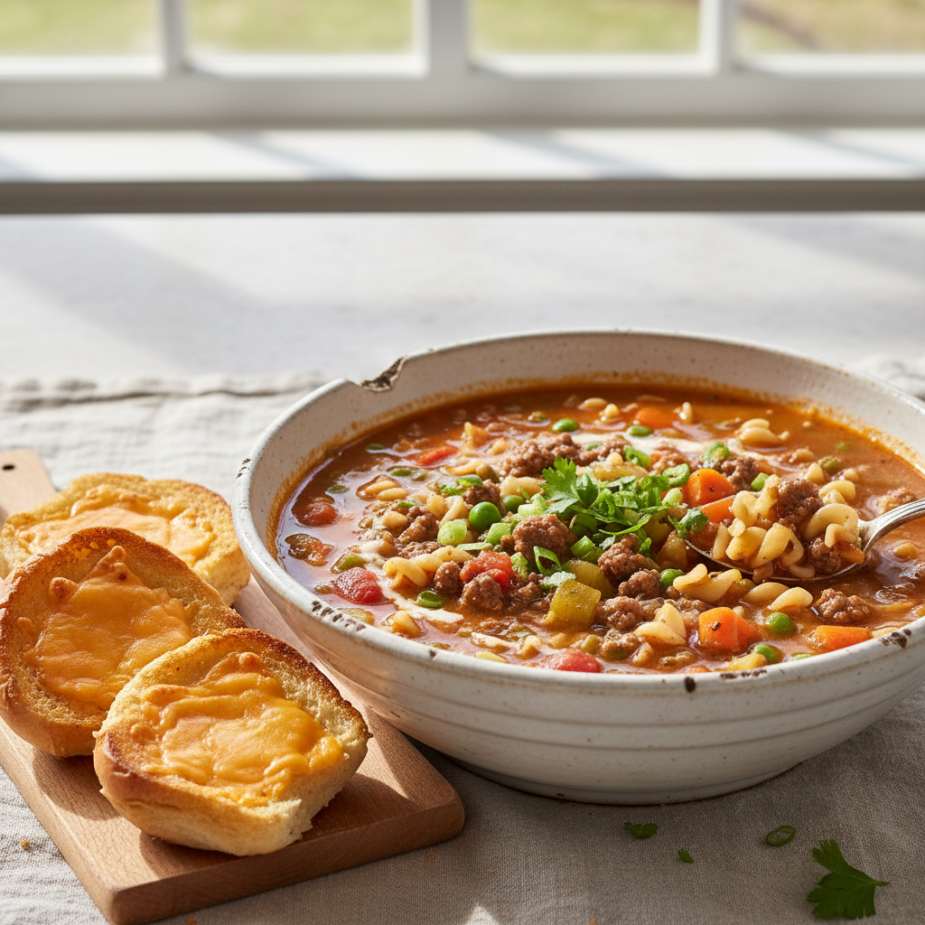 A steaming bowl of hearty Hamburger Noodle Soup garnished with fresh parsley, featuring tender ground beef and egg noodles.