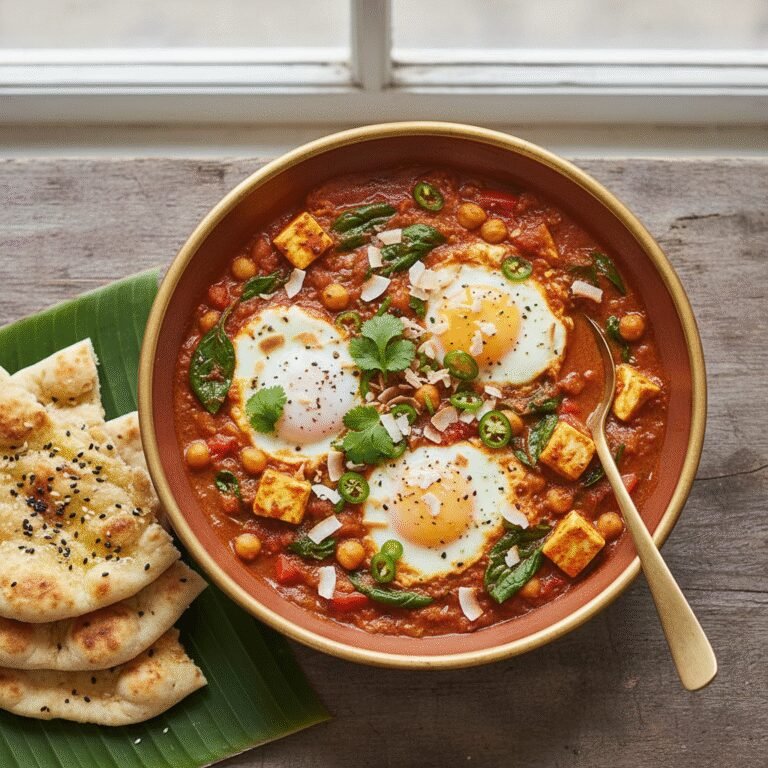Spice Up Your Morning: Healthy Breakfast Curry Recipe Tips & Ideas 3 A vibrant skillet of Healthy Coconut Curry Shakshuka with runny eggs and fresh spinach, ready to be served.
