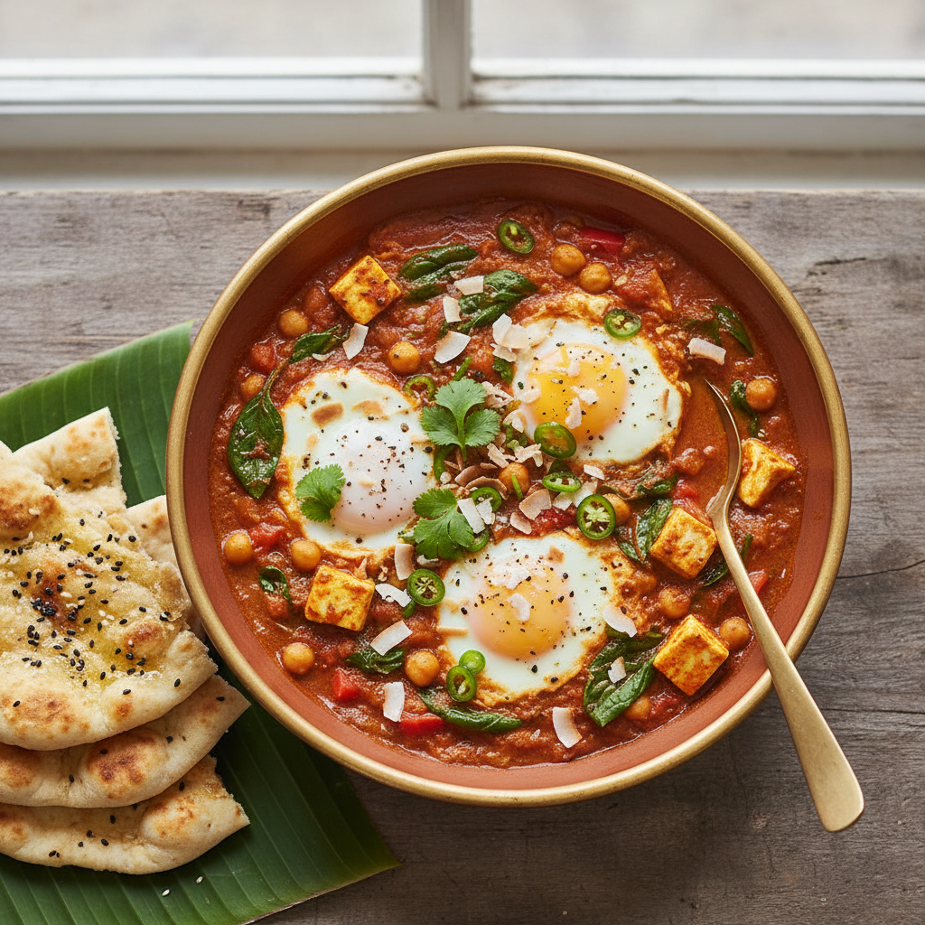 Spice Up Your Morning: Healthy Breakfast Curry Recipe Tips & Ideas 2 A vibrant skillet of Healthy Coconut Curry Shakshuka with runny eggs and fresh spinach, ready to be served.