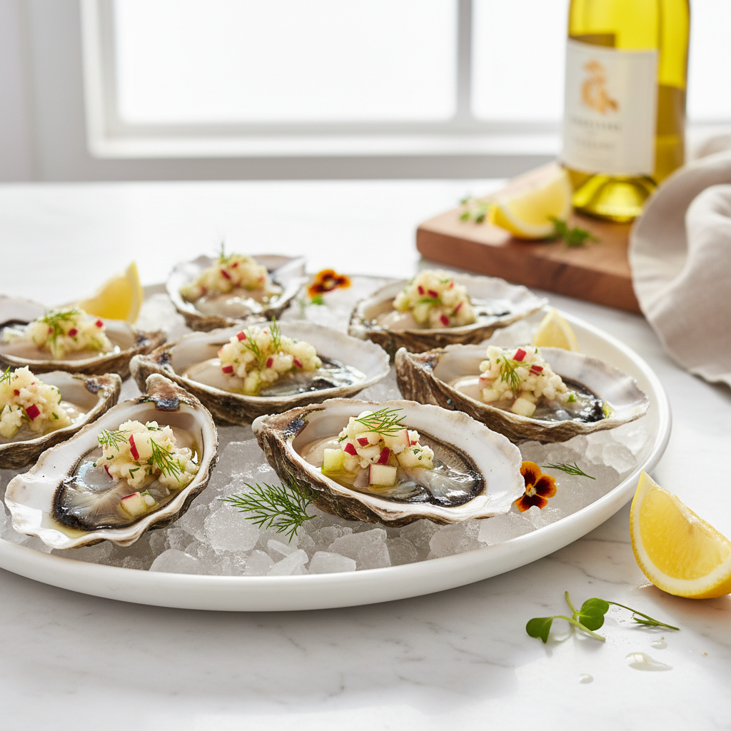 Platter of fresh oysters with vibrant apple horseradish dressing and lemon wedges, emphasizing healthy eating.