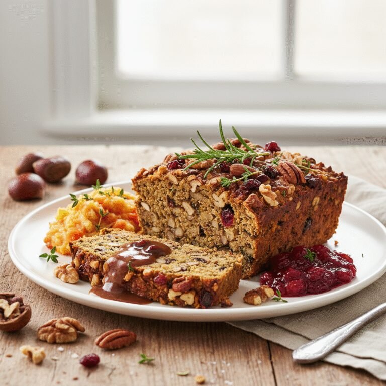 Delicious golden brown homemade nut roast with fresh herbs, sliced and ready to serve on a wooden board.