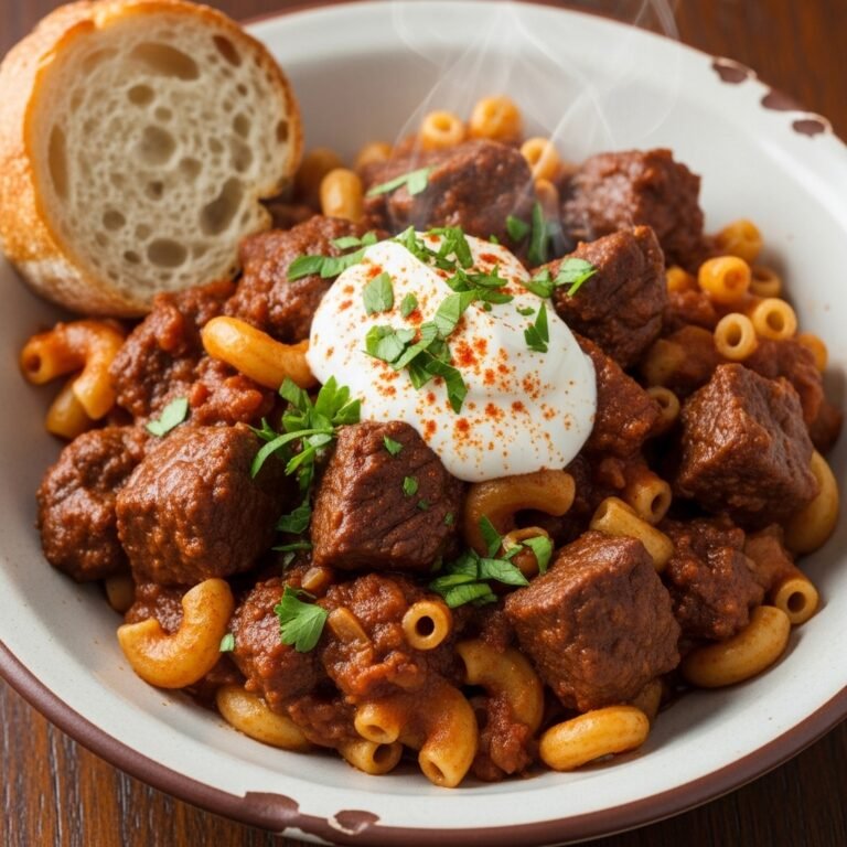 Hearty Old Fashioned Goulash with ground beef and macaroni, a classic comfort food dinner.