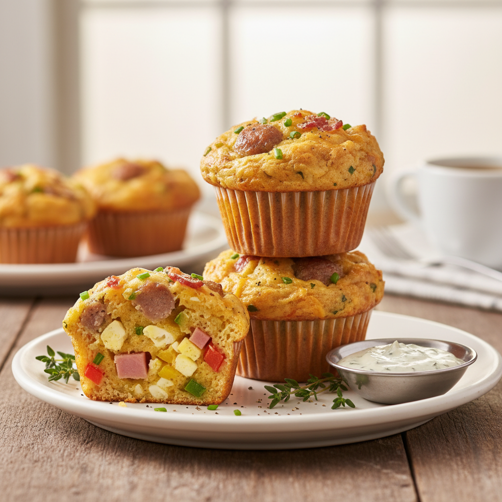 The Ultimate Guide to Savory Breakfast Muffin Ingredients: How to Bake Perfect Muffins 3 Close-up of freshly baked savory breakfast muffins filled with cheese, spinach, and ham, ready to eat.