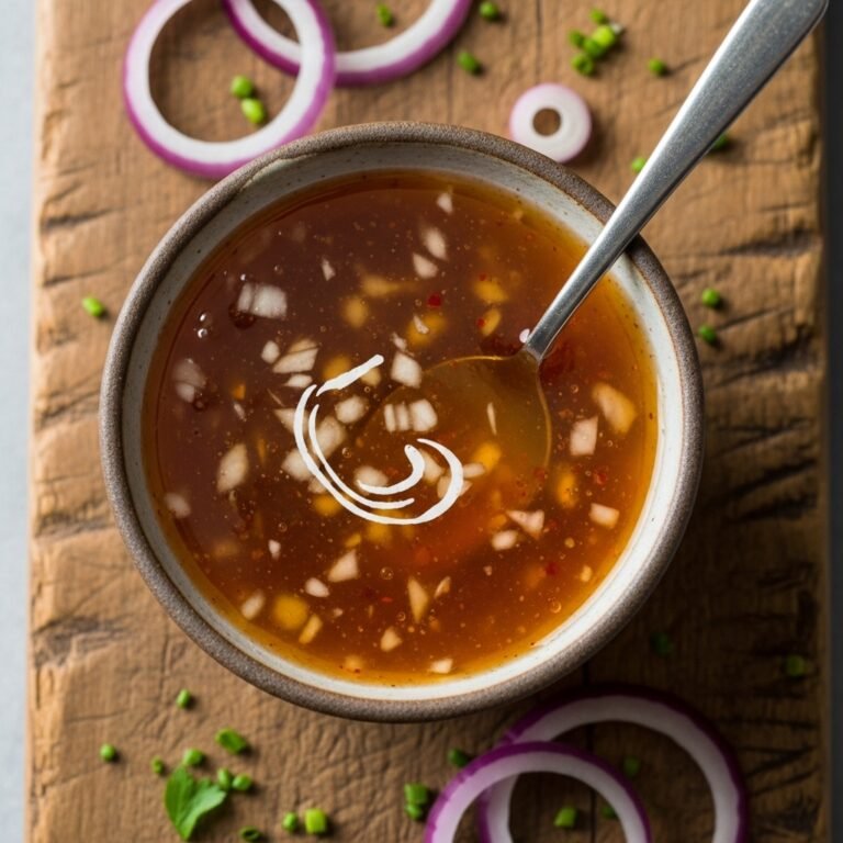 A bowl of creamy, light brown homemade sweet onion sauce with a spoon, ready to be served.