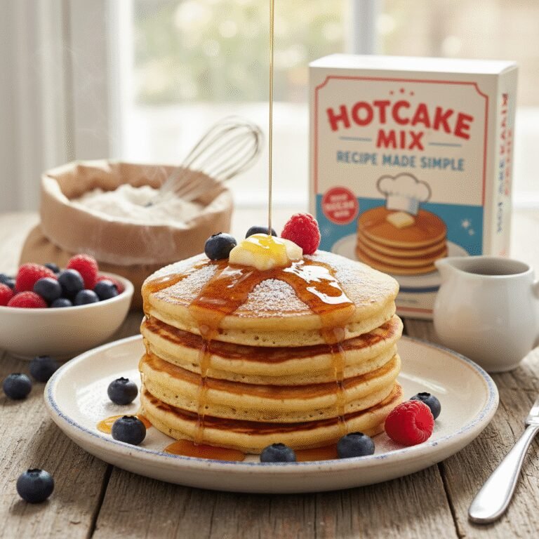 Hotcake Mix Recipe Made Simple: Achieve Fluffy Perfection Every Time! 3 Stack of golden-brown fluffy homemade hotcakes drizzled with maple syrup and fresh berries, ready to eat
