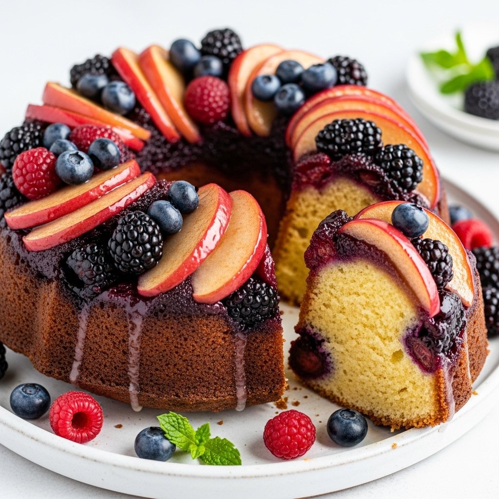 Irresistible Berry & Apple Upside Down Bundt Cake – Best Fall Dessert Recipe! 2 Close-up of an irresistible Berry and Apple Upside Down Bundt Cake, showcasing caramelized fruit topping and a moist interior, perfect for fall.