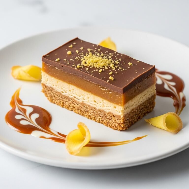 Irresistible Ginger Caramel Slice – Best No-Bake Spiced Dessert Recipe! 3 A close-up of a perfectly cut Irresistible Ginger Caramel Slice, showing the layers of ginger biscuit, rich caramel, and dark chocolate topping.