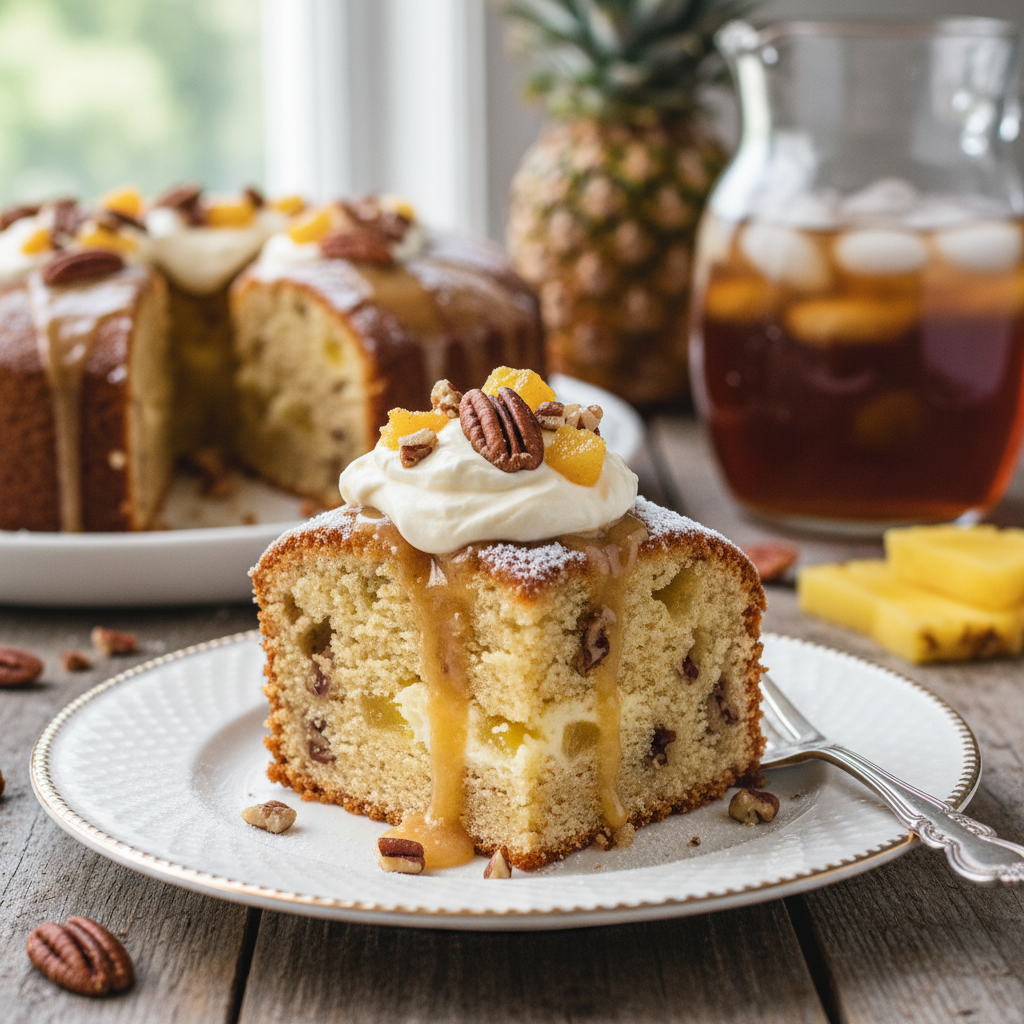 Irresistible Pineapple Pecan Cream Cheese Pound Cake: Your New Favorite Dessert! 2 Slice of Irresistible Pineapple Pecan Cream Cheese Pound Cake on a white plate with a fork