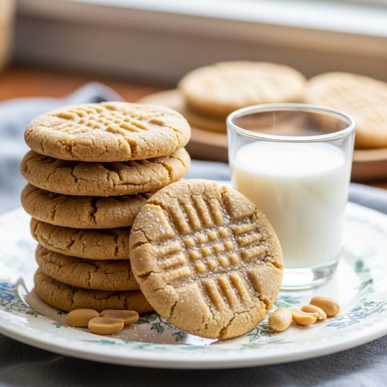 A plate of classic Jimmy Carter's Grandmother's Peanut Butter Cookies with distinctive crisscross marks, a glass of milk in the background.