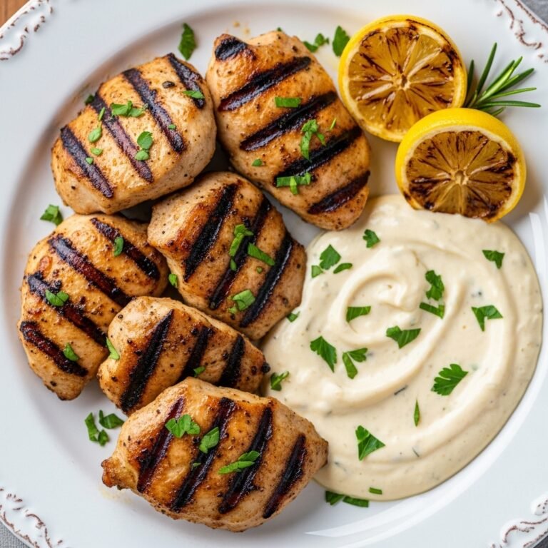 Juicy Grilled Chicken Bites with Creamy Garlic Sauce – Best Quick and Flavorful Recipe! 3 Close-up of juicy grilled chicken bites on skewers with a side of creamy garlic sauce and fresh parsley.