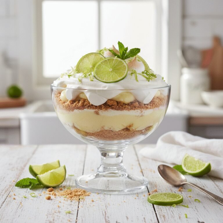 Key Lime Pie Trifle: A Refreshing Twist on a Classic No-Bake Dessert 3 A stunning Key Lime Pie Trifle layered with creamy lime filling, graham crackers, and whipped cream, garnished with fresh lime slices.
