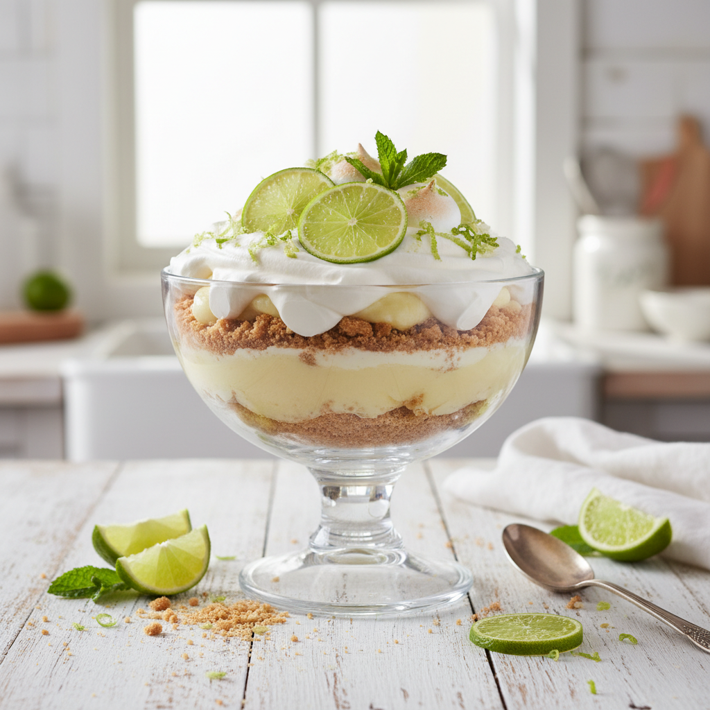 Key Lime Pie Trifle: A Refreshing Twist on a Classic No-Bake Dessert 2 A stunning Key Lime Pie Trifle layered with creamy lime filling, graham crackers, and whipped cream, garnished with fresh lime slices.