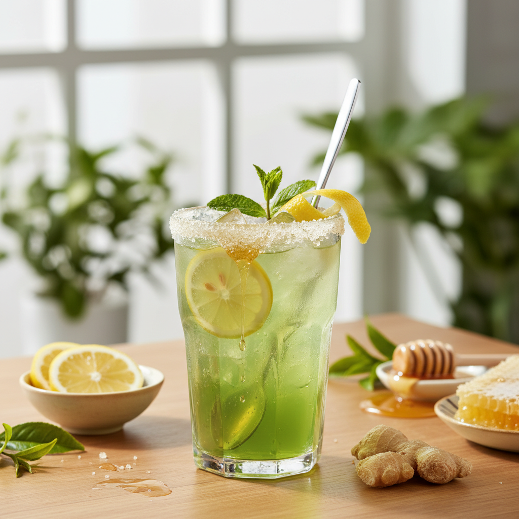 Refreshing glass of Lemon Ginger Iced Green Tea with Honey garnished with lemon slices and mint leaves, perfect for summer.