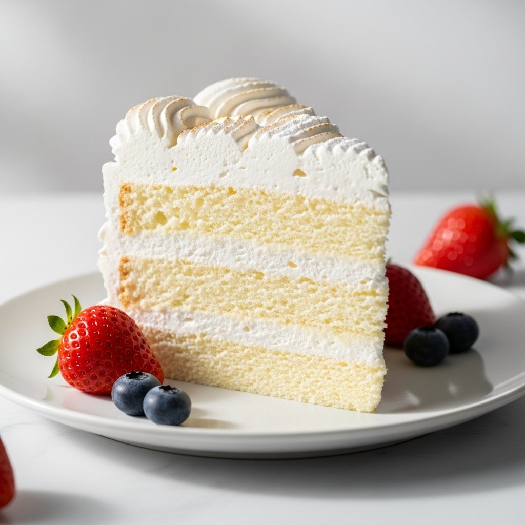 Light and Fluffy Cloud Cake: The Easiest Blender Dessert Recipe! 2 A slice of light and fluffy Cloud Cake with fresh berries and a dusting of powdered sugar.