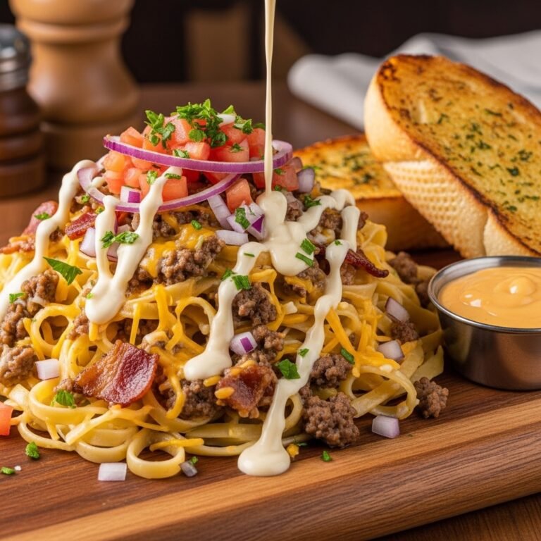 Loaded Cheeseburger Alfredo Pasta: The Ultimate Creamy Comfort Food Dinner 3 A generous serving of Loaded Cheeseburger Alfredo Pasta in a white bowl, garnished with crispy bacon and fresh green onions.