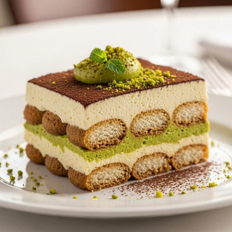 Luxurious Pistachio Tiramisu dessert with vibrant layers of green pistachio cream and coffee-soaked ladyfingers, elegantly garnished with crushed pistachios.